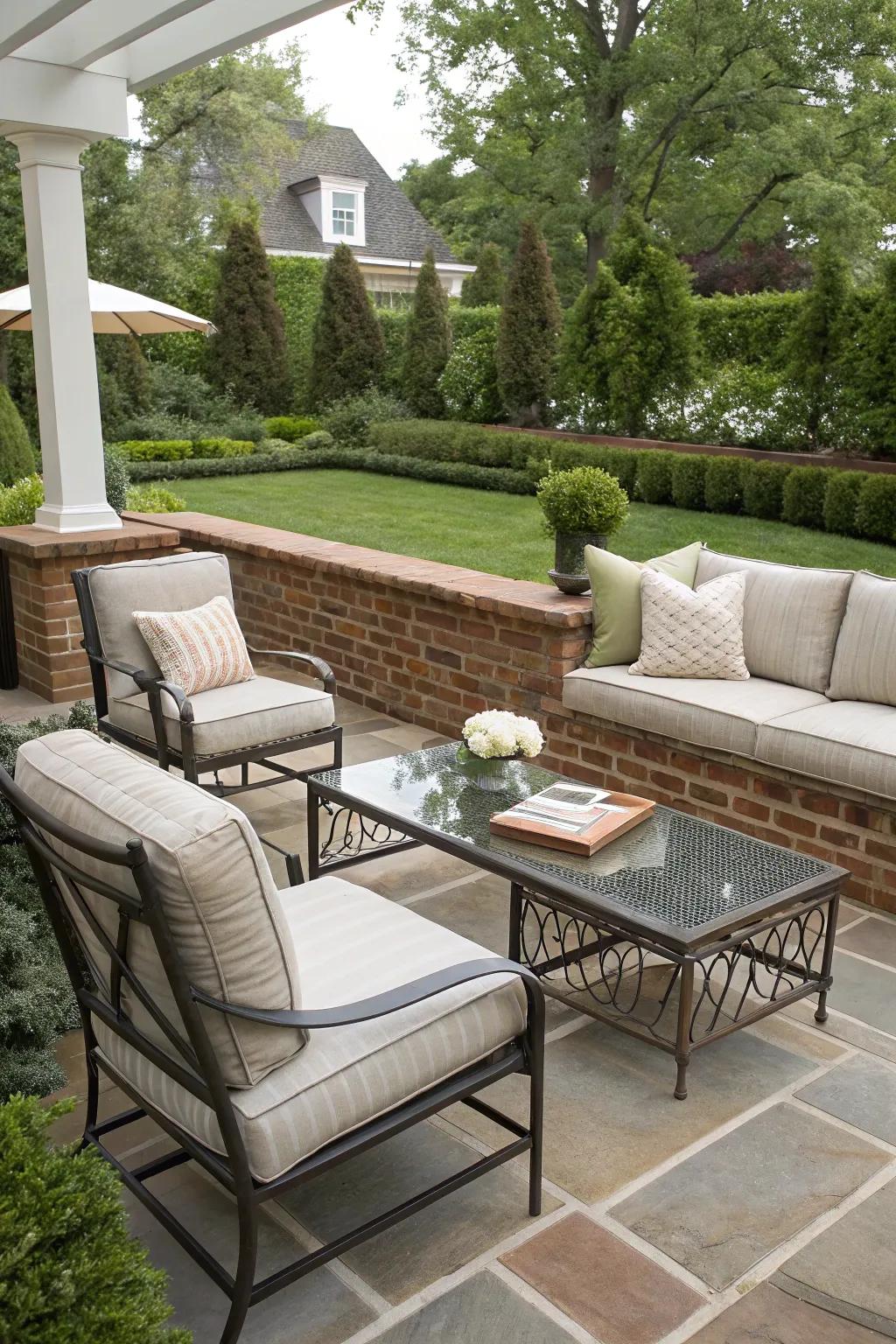 Integrated brick bench seating on a modern patio.