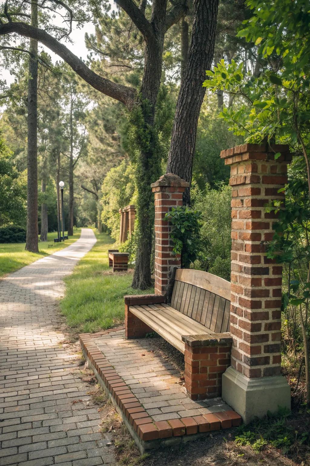 A rustic brick bench with wooden details.