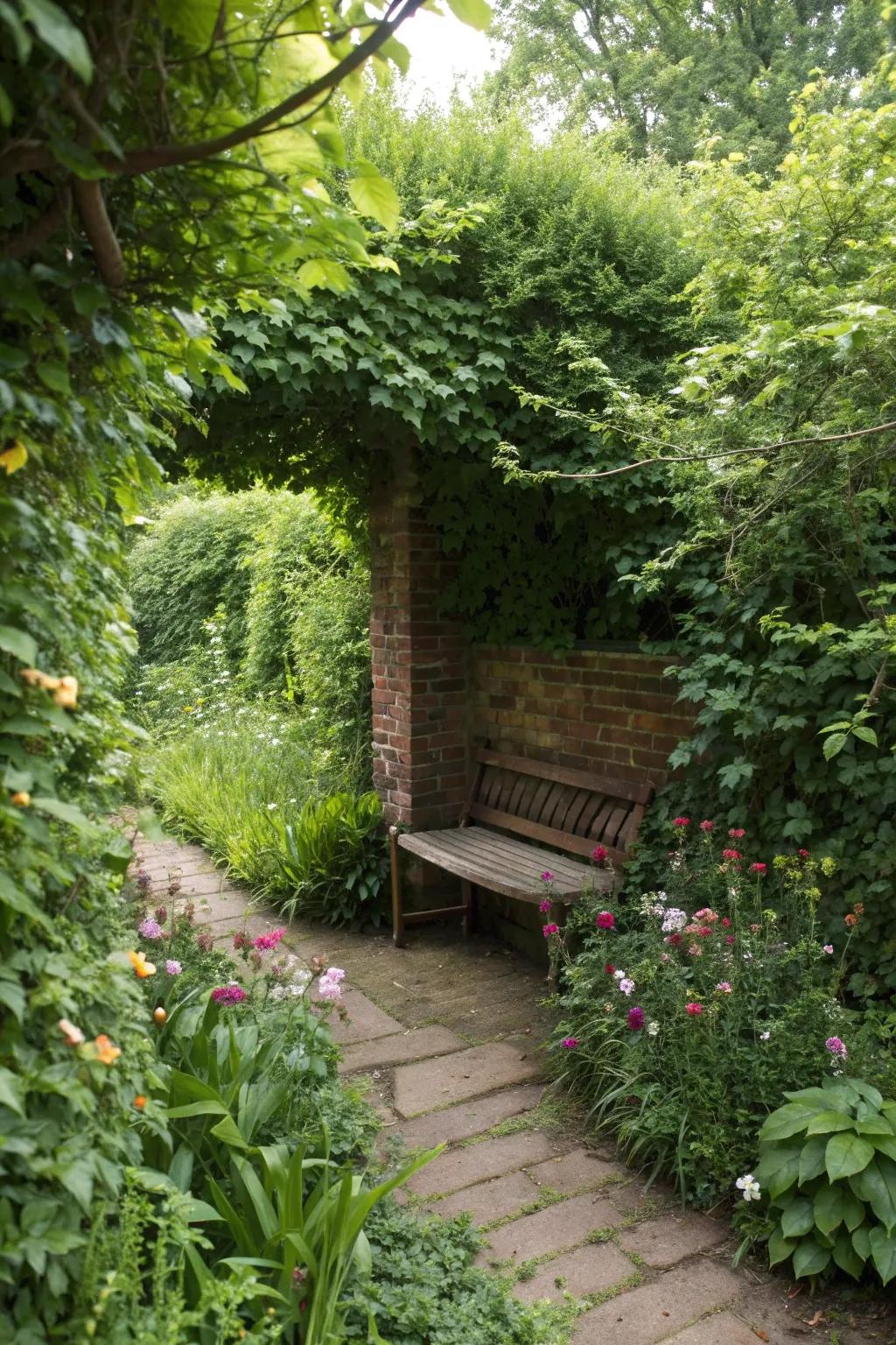 A hidden retreat with a cozy brick bench.