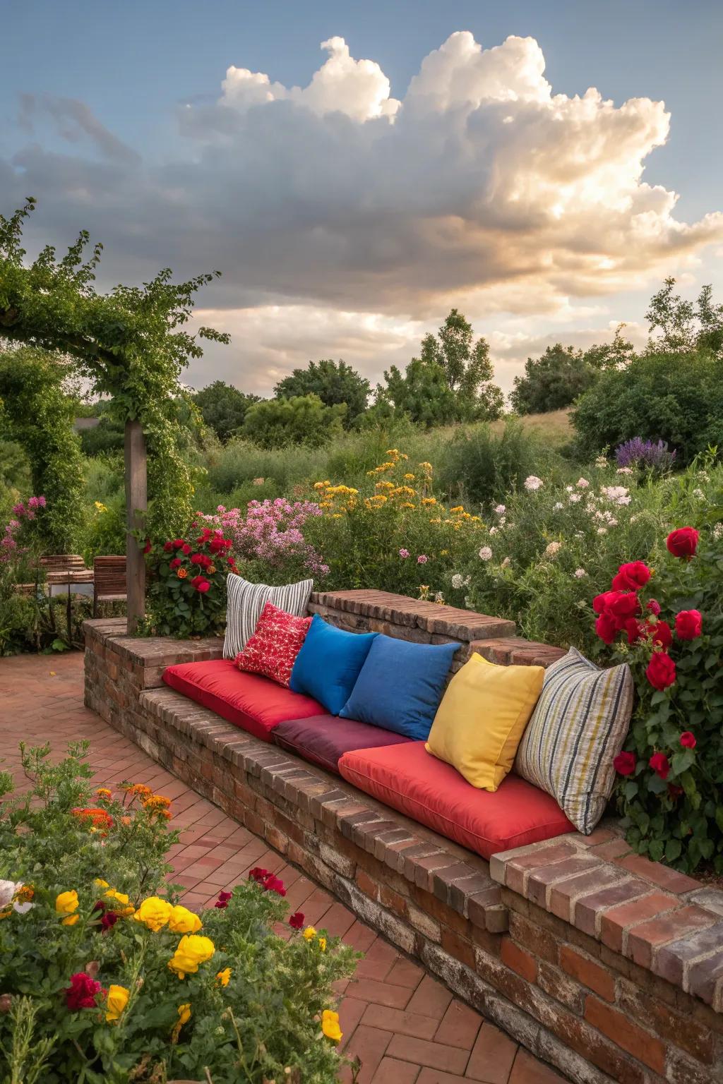 A brick bench brightened with colorful cushions.