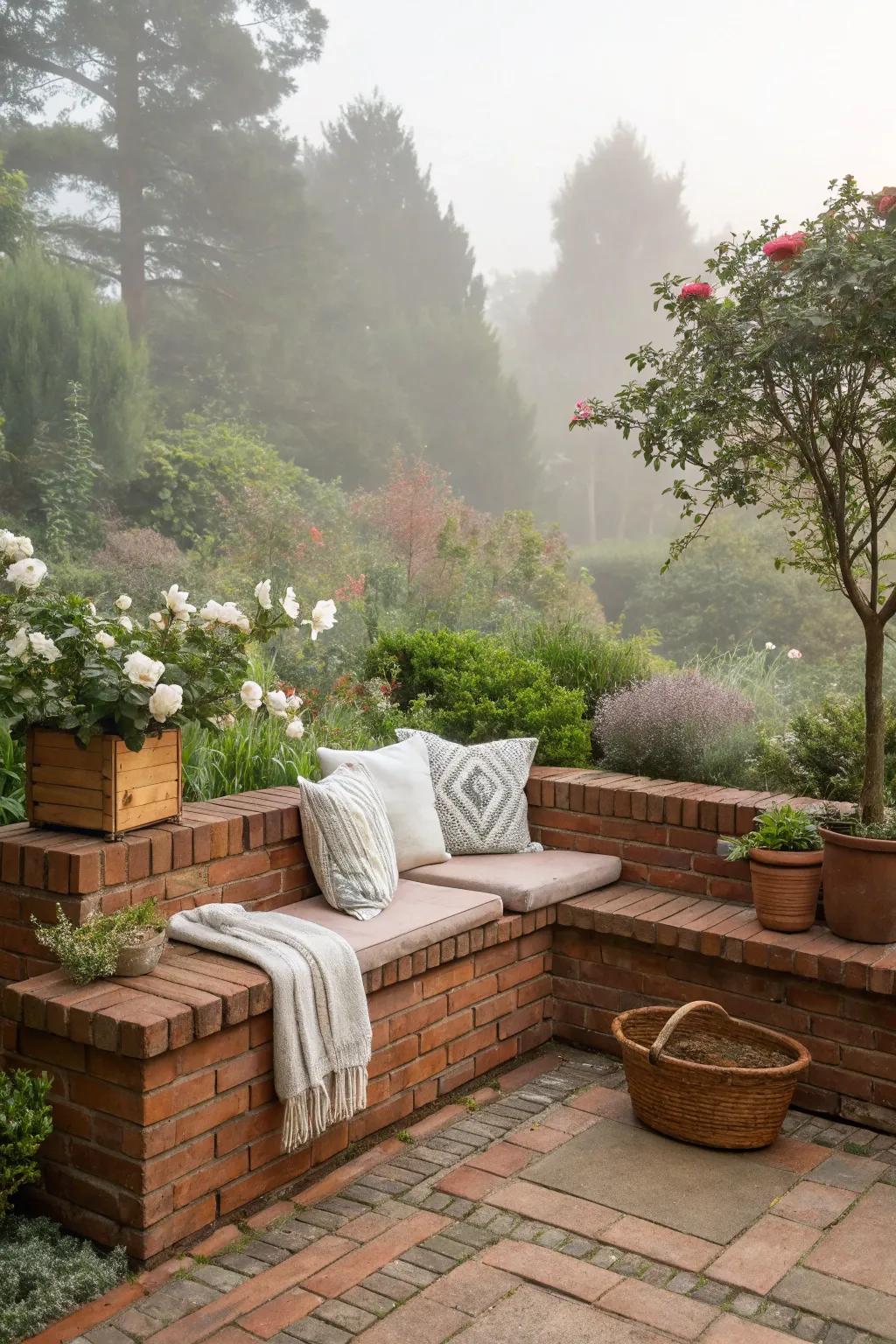 A warm and inviting brick bench in a garden.