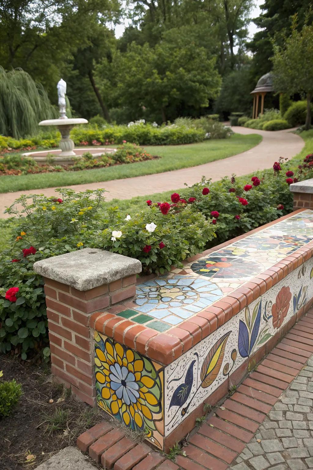 A colorful mosaic brick bench in a creative garden.