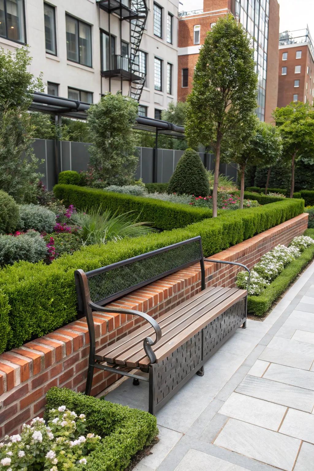An industrial chic brick bench in a modern garden.