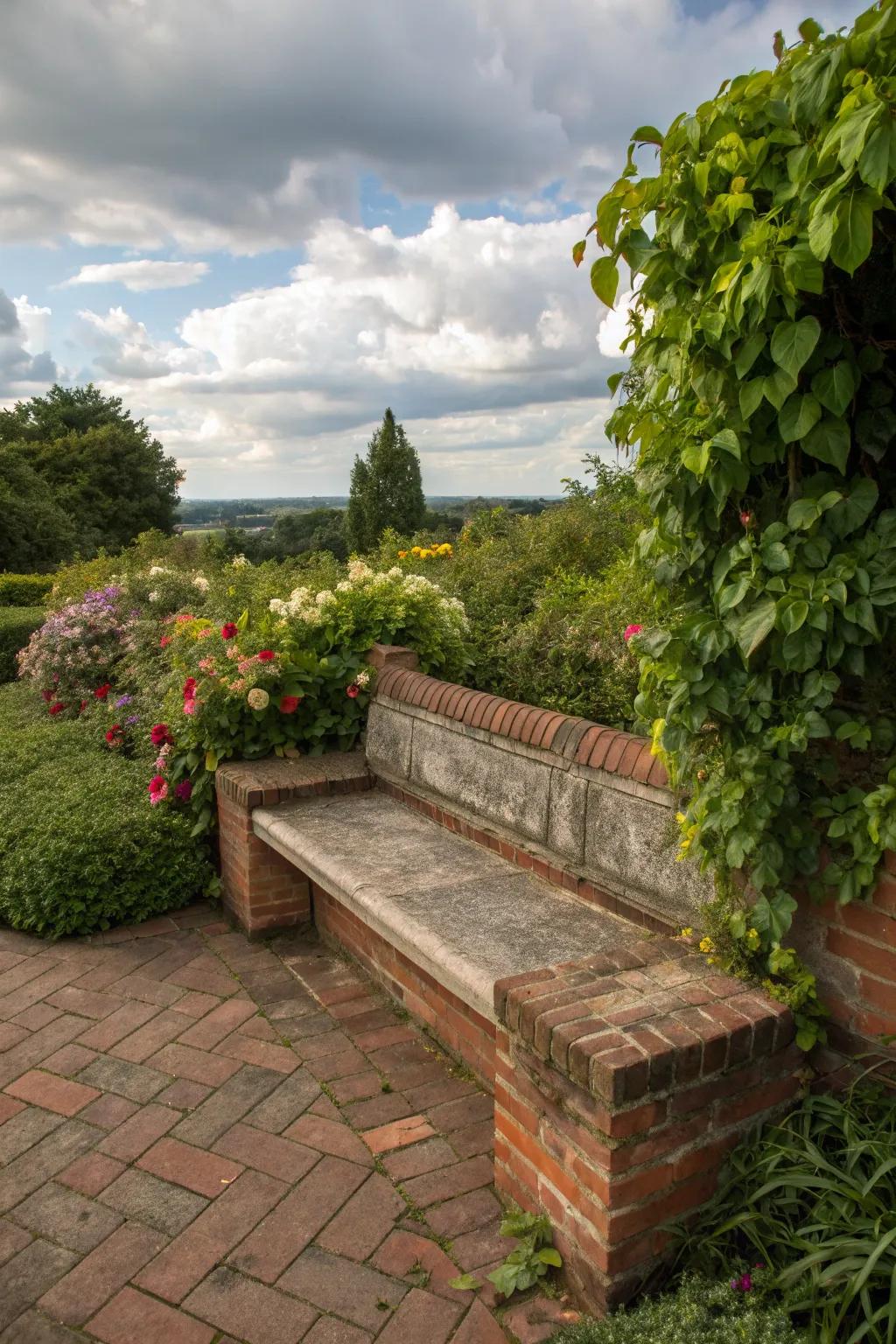 A brick bench with integrated planters for greenery.