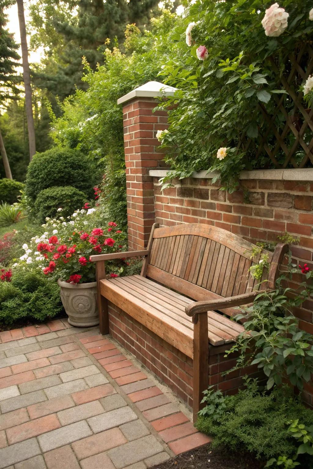 A comfortable brick bench with a stylish backrest.