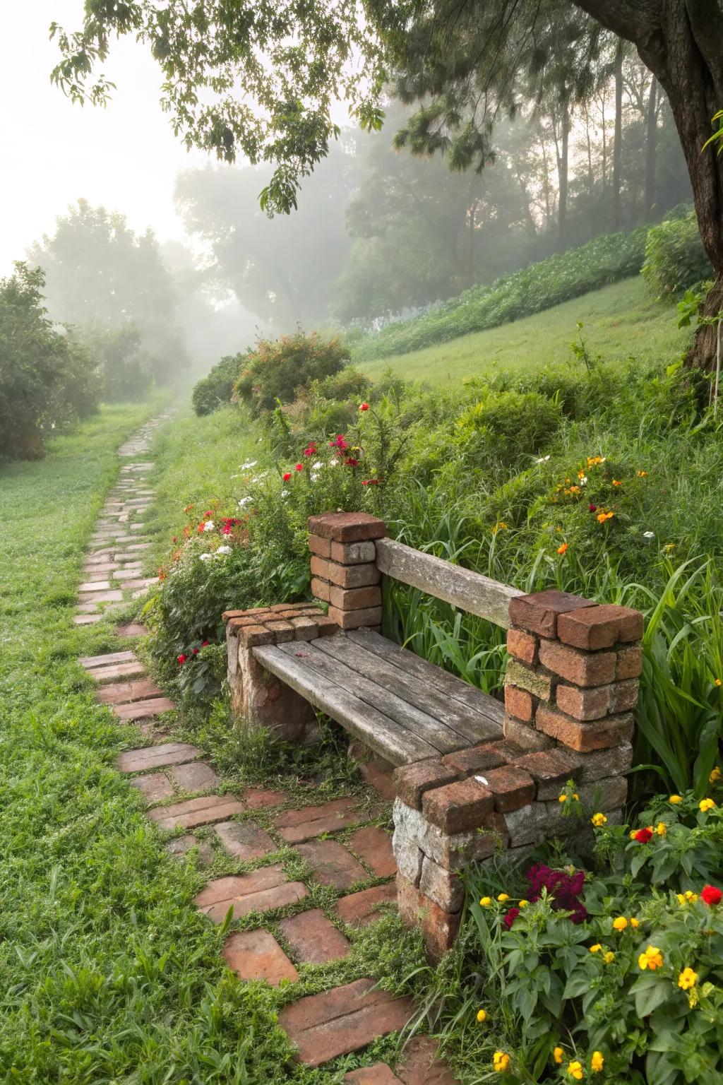 An eco-friendly brick bench in a sustainable garden.
