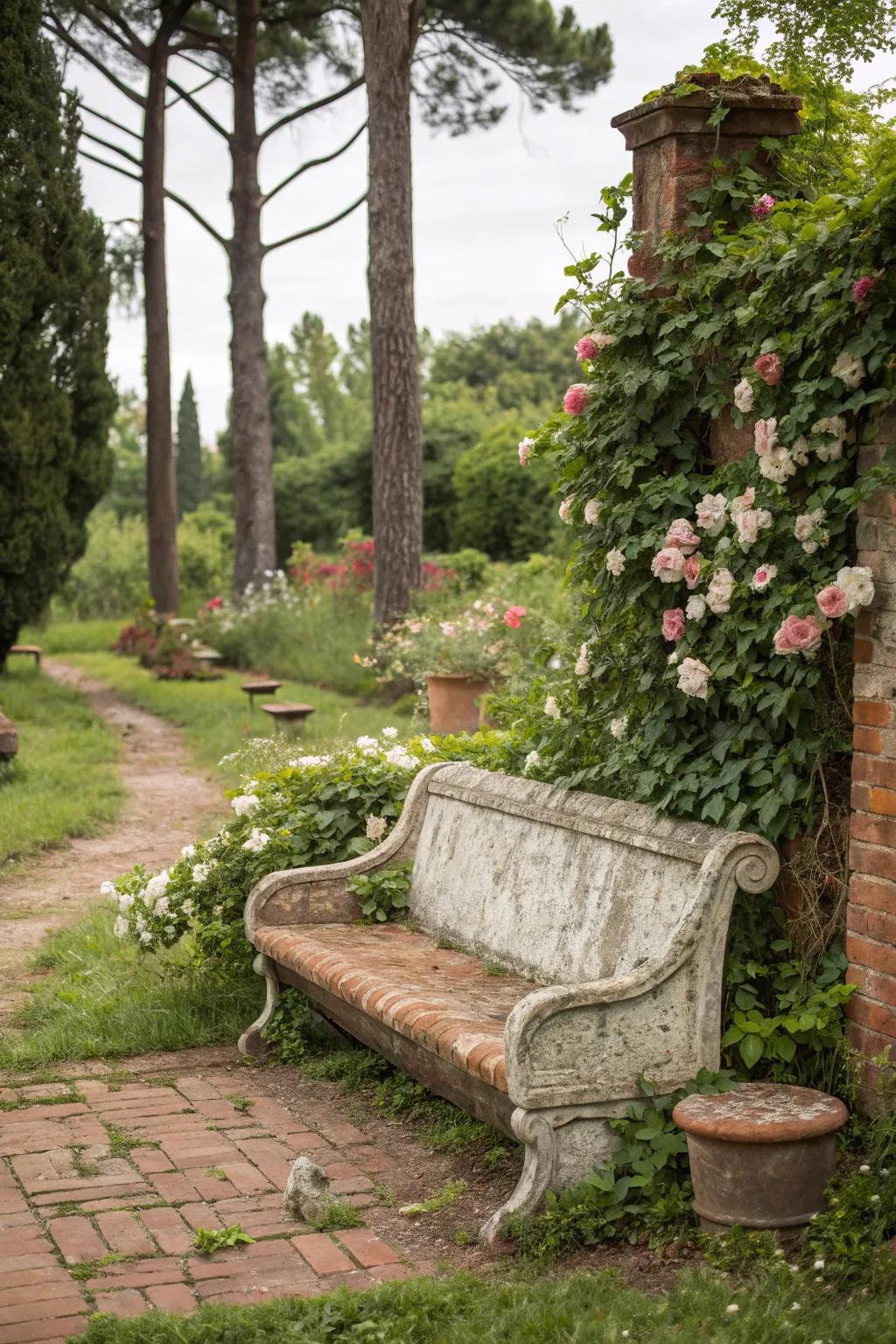 A charming vintage brick bench in a classic garden.