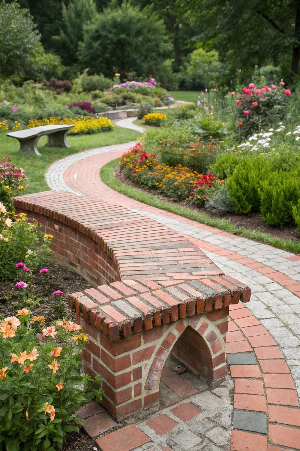 A whimsical brick bench bringing joy to the garden.