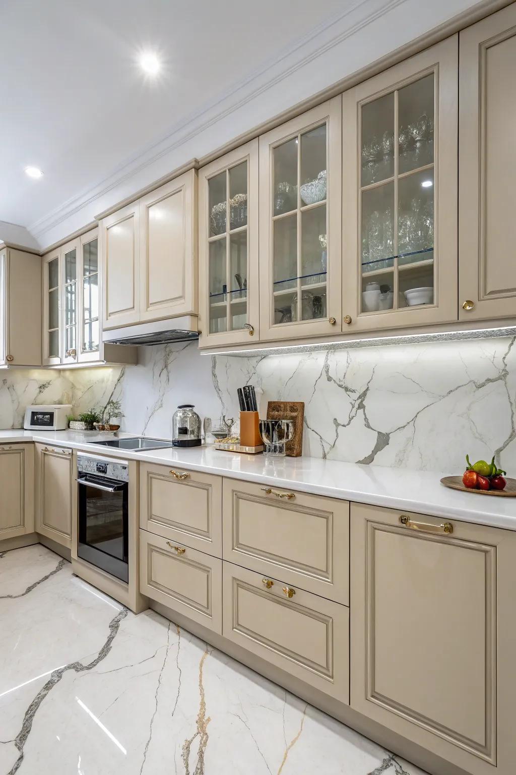 Marble countertops bring elegance and texture to beige cabinets.