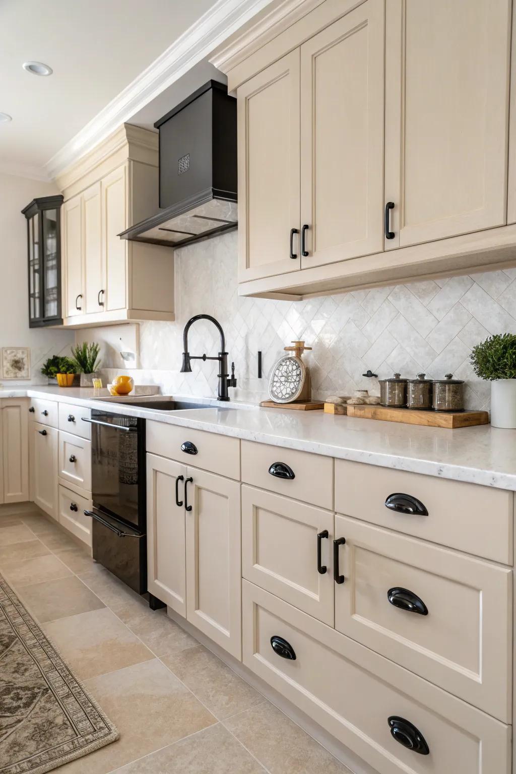 Dark accents provide a sophisticated contrast to the light palette.