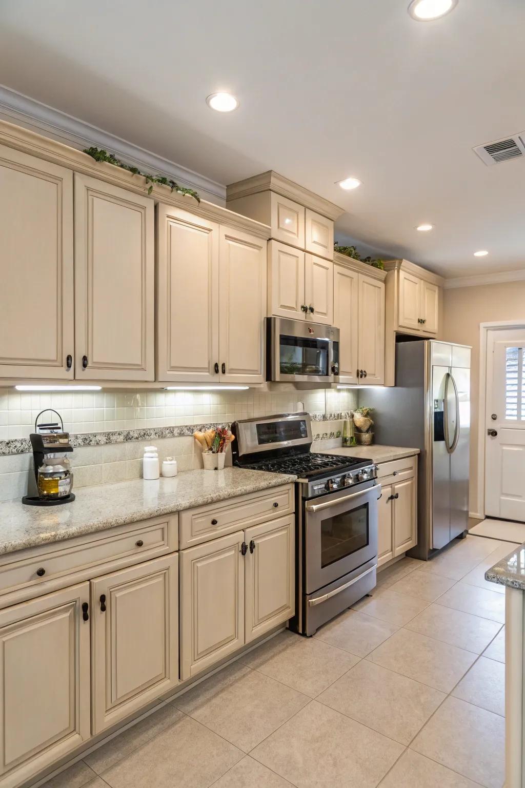 Stainless steel appliances add a sleek contrast to the kitchen.