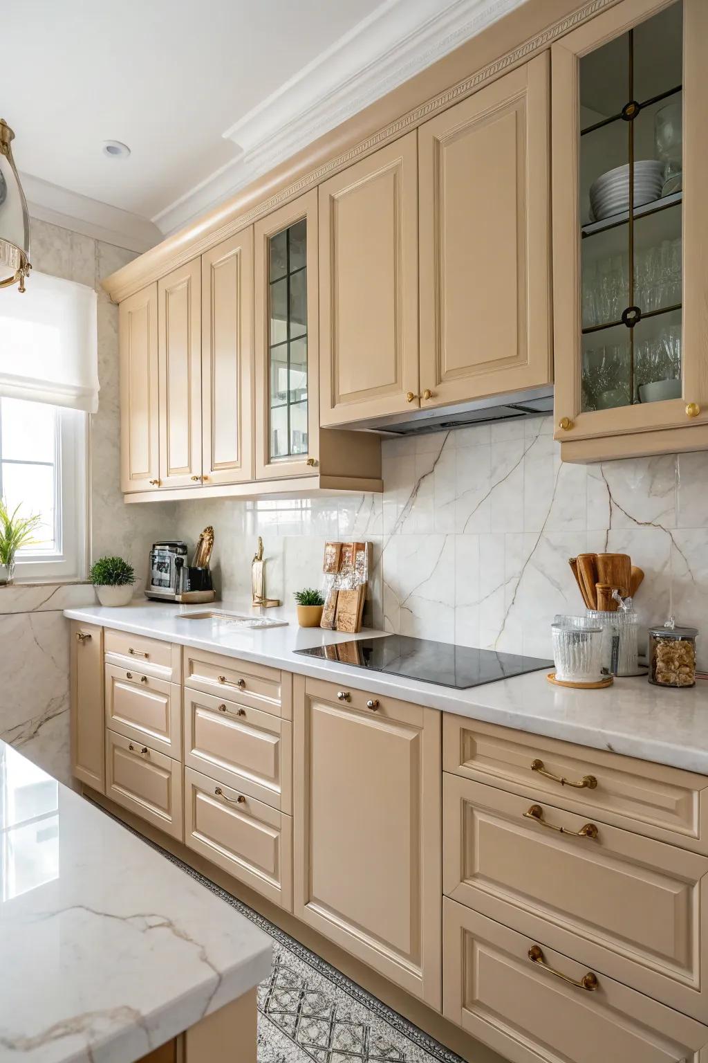 Warm beige cabinets complement the white marble countertops perfectly.
