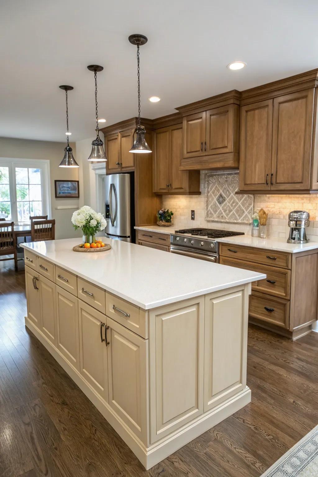 A beige island becomes a striking centerpiece in the kitchen.
