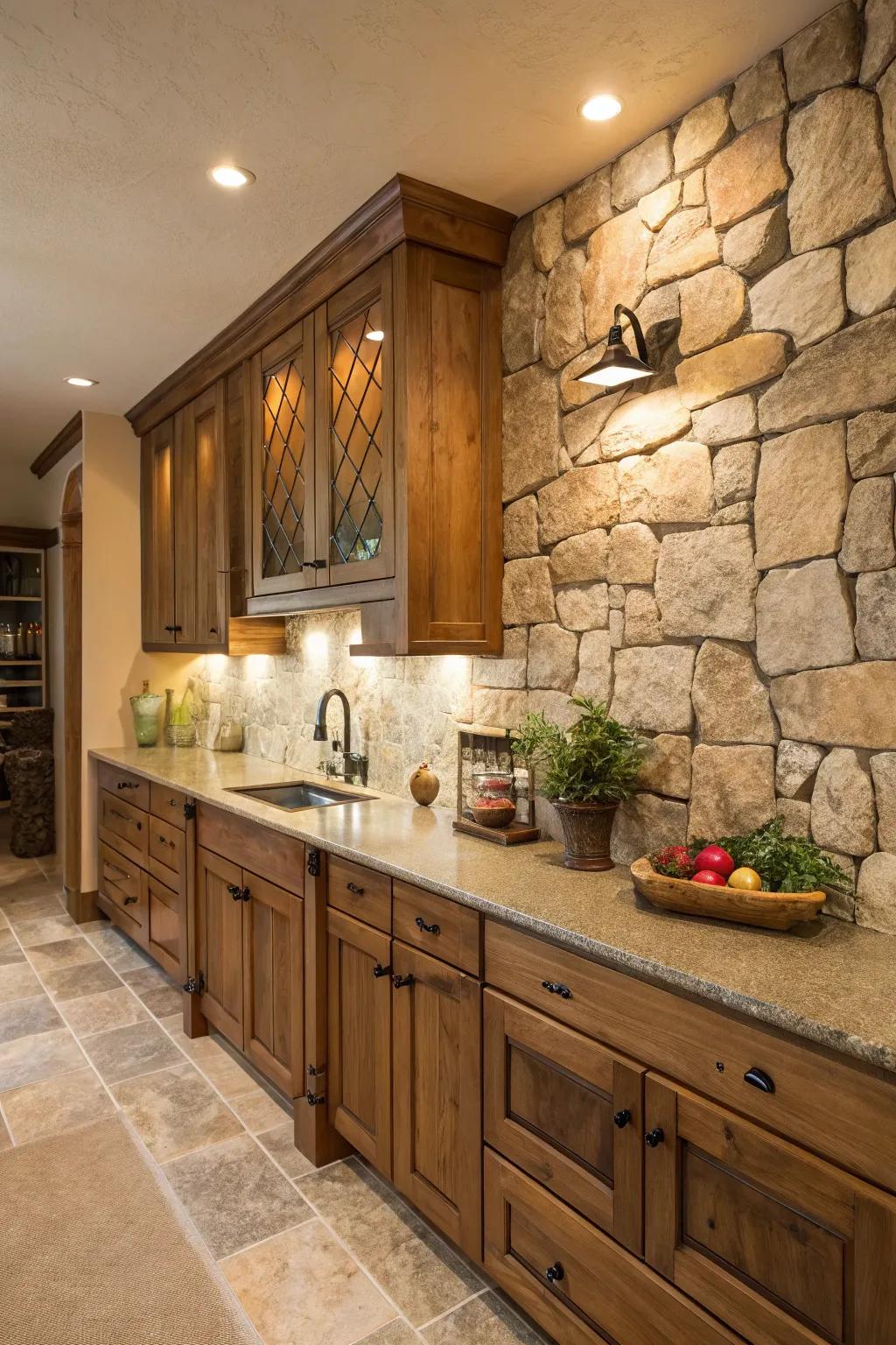 Natural stone backsplash for a touch of nature.
