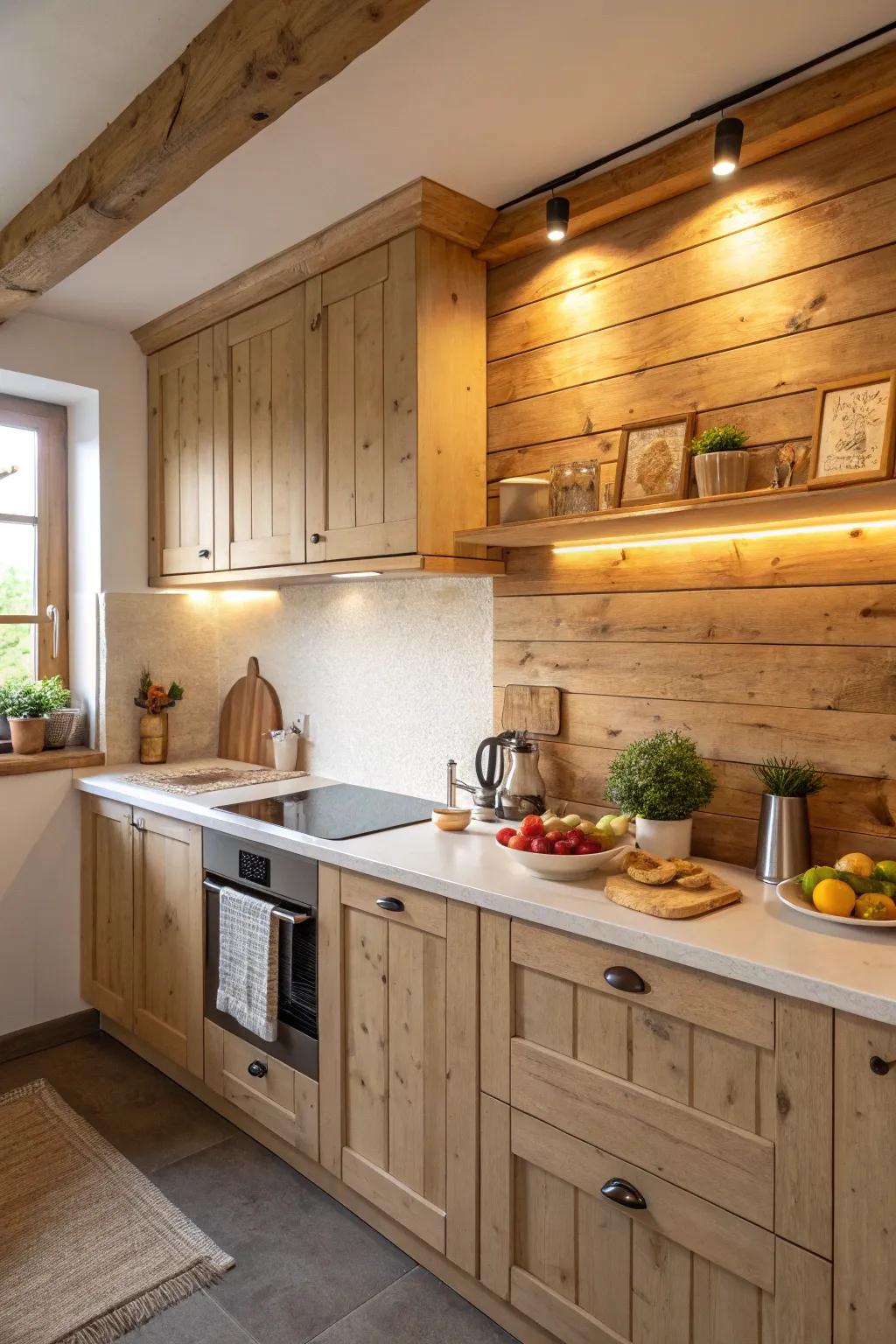 Wooden backsplash for a warm and unique touch.