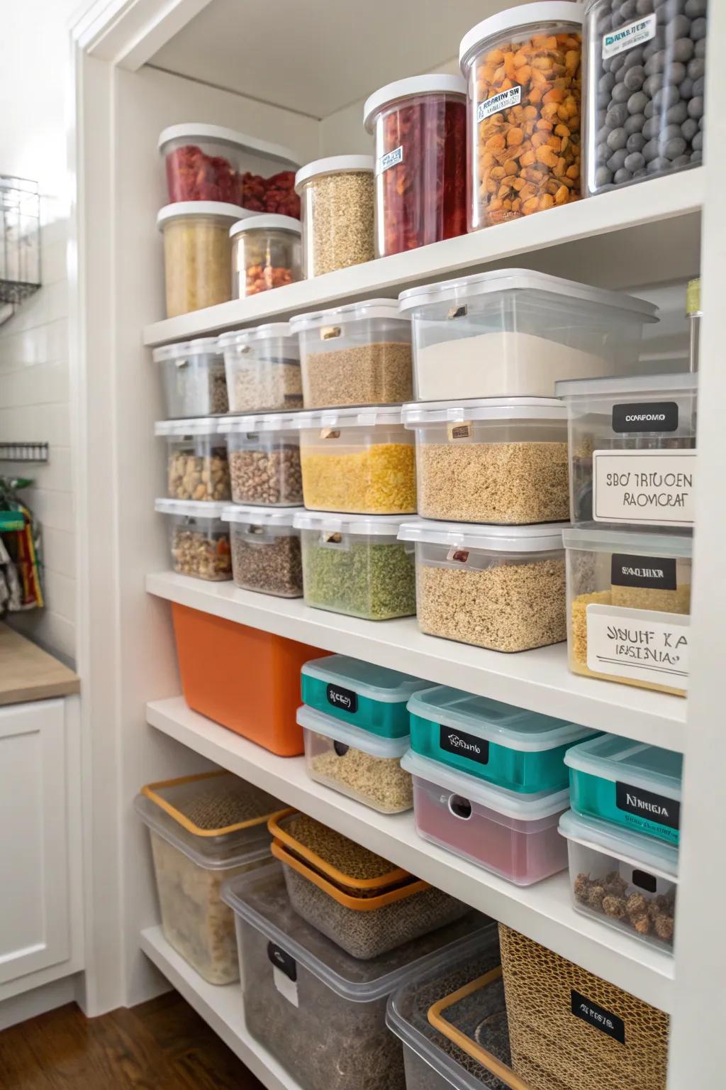 Stackable bins efficiently use vertical space.