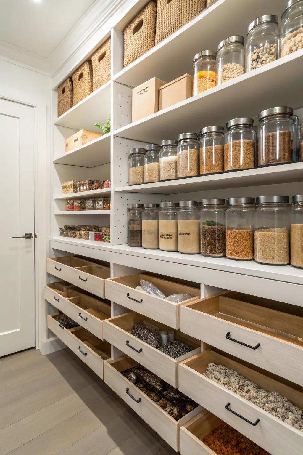 Pull-out shelves make deep pantry access effortless.