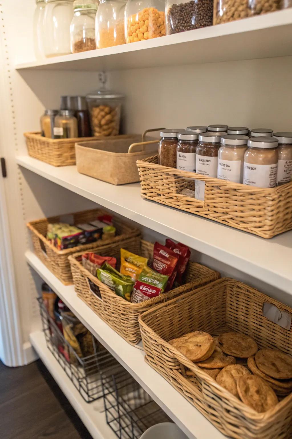 Under-shelf baskets create additional storage space.