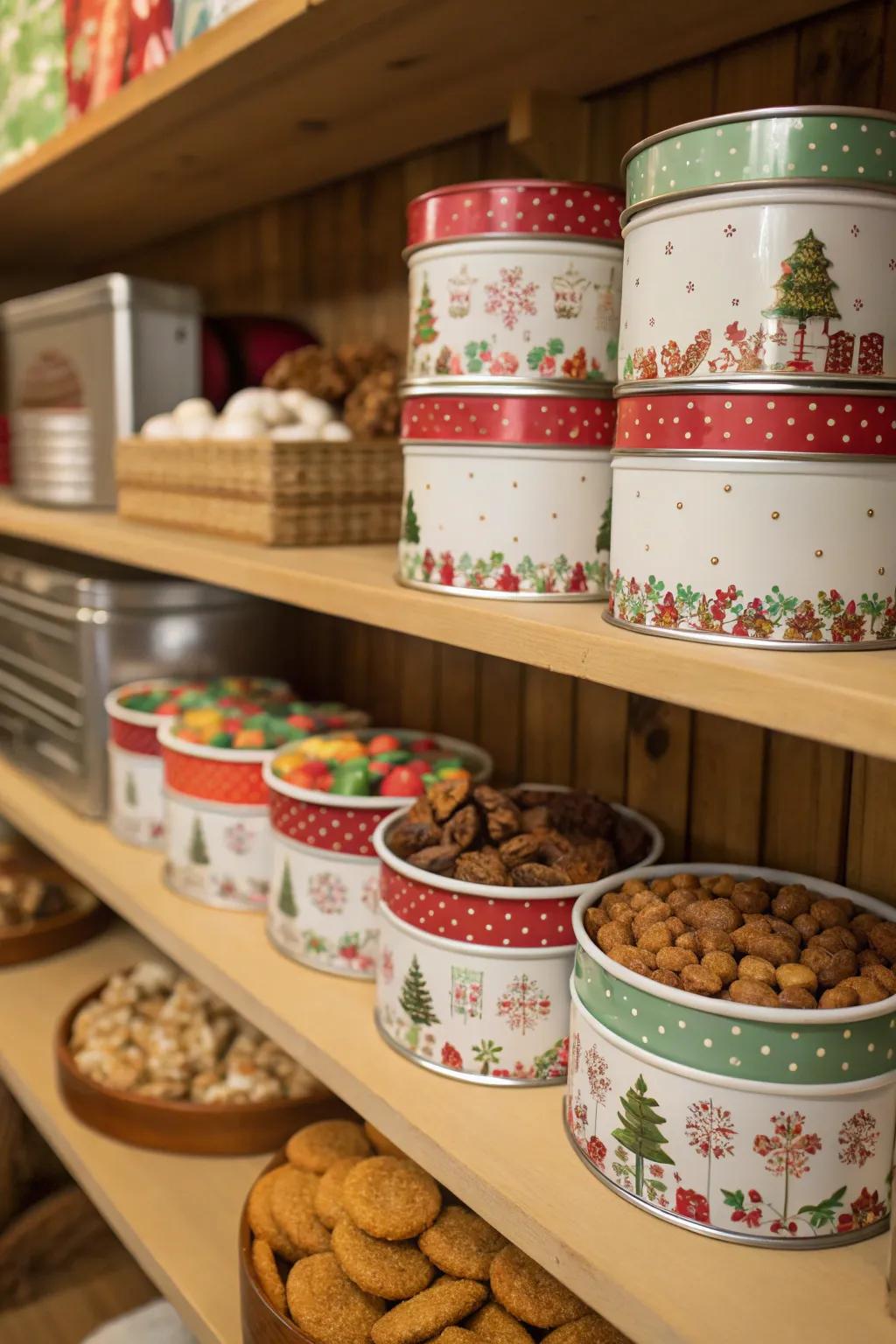 Decorative tins provide stylish storage solutions.