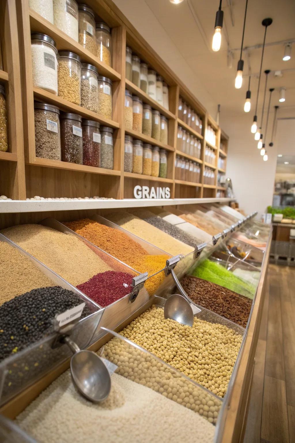 Bulk bins provide easy access to frequently used staples.