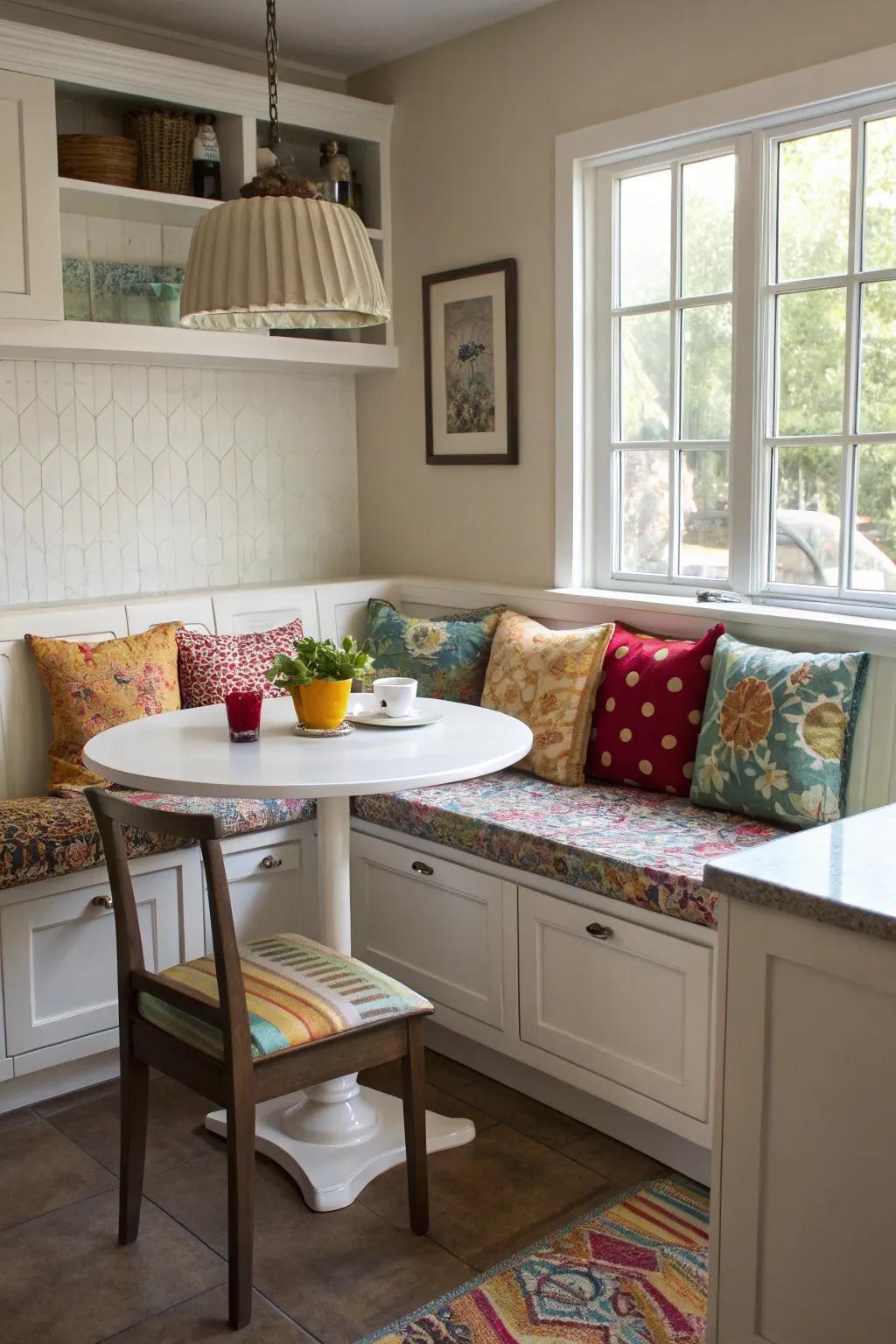 A charming corner banquette, ideal for maximizing kitchen space.