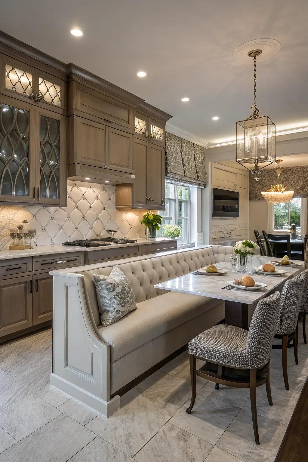 Unexpected elegance in the kitchen with luxurious banquette seating.