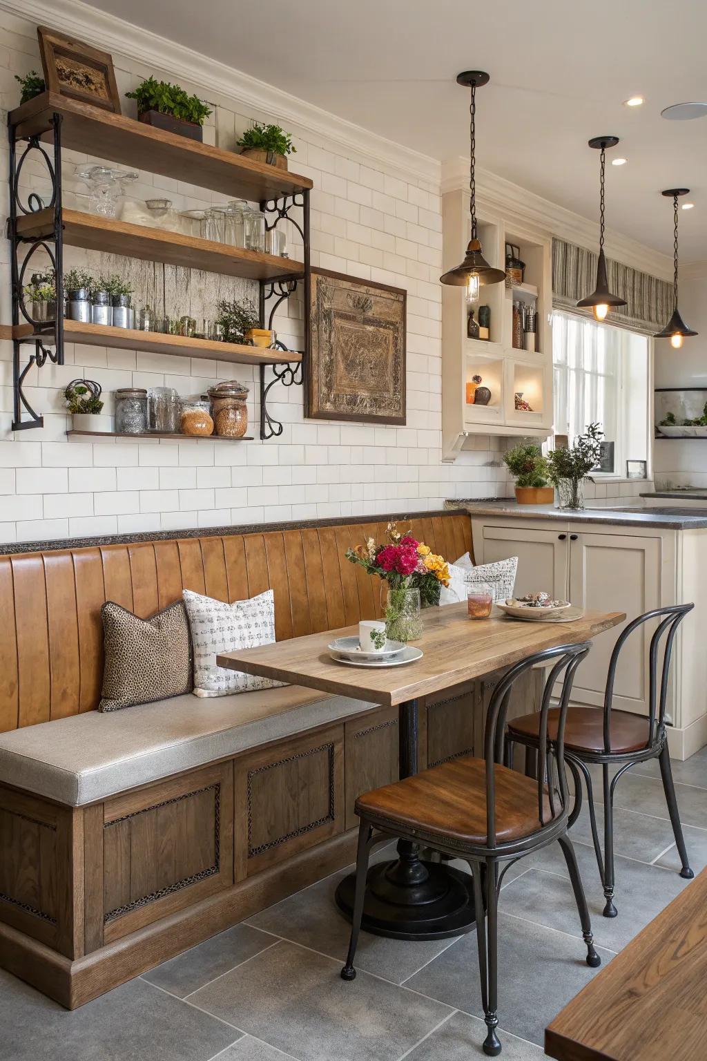 Mixing materials for a dynamic kitchen banquette design.