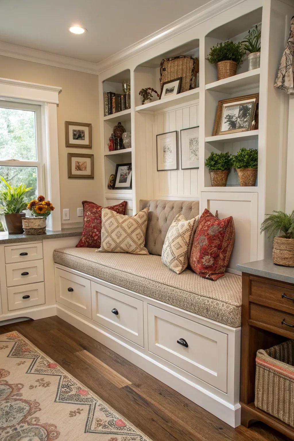 A clever storage solution with built-in seating in the kitchen.