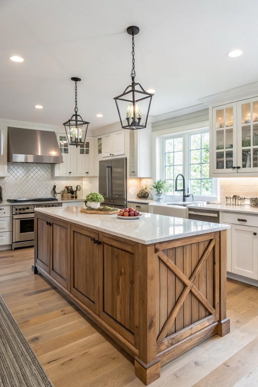 A natural wood island as the kitchen's centerpiece.