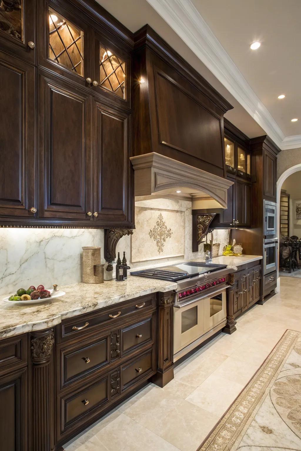 Dark wood cabinets offer a luxurious and sophisticated look.