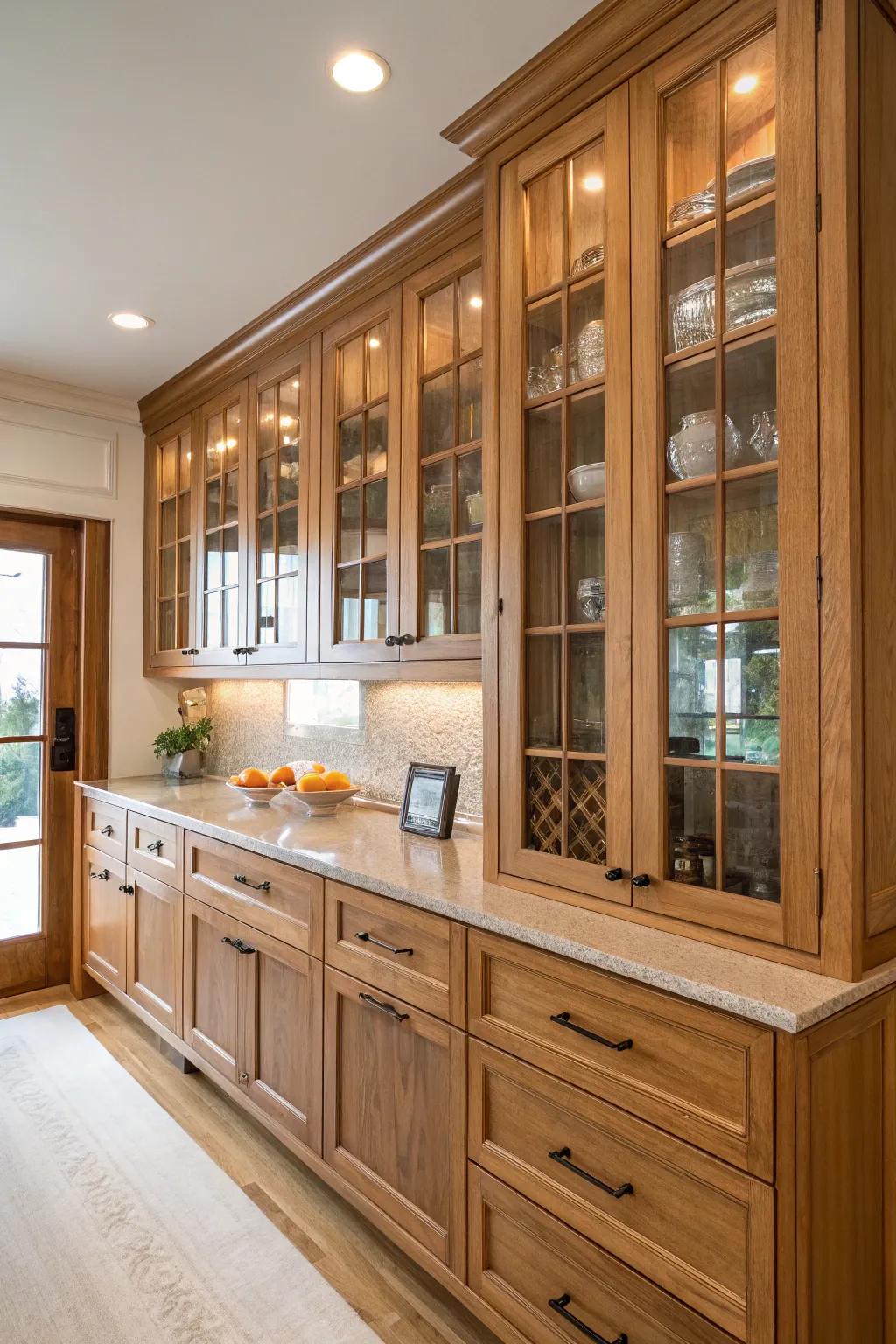 Wood and glass create an airy, sophisticated feel.