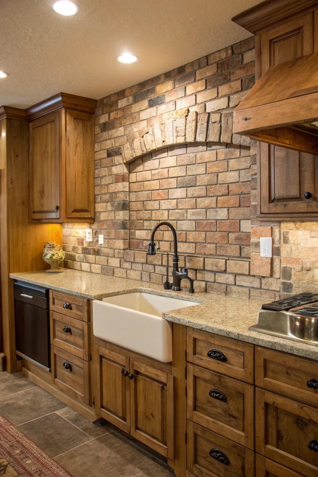 Brick textures infuse rustic charm into your kitchen design.