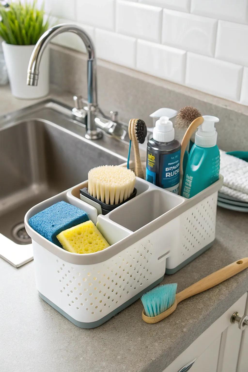 Compact multi-compartment caddy keeps essentials organized in small kitchens.