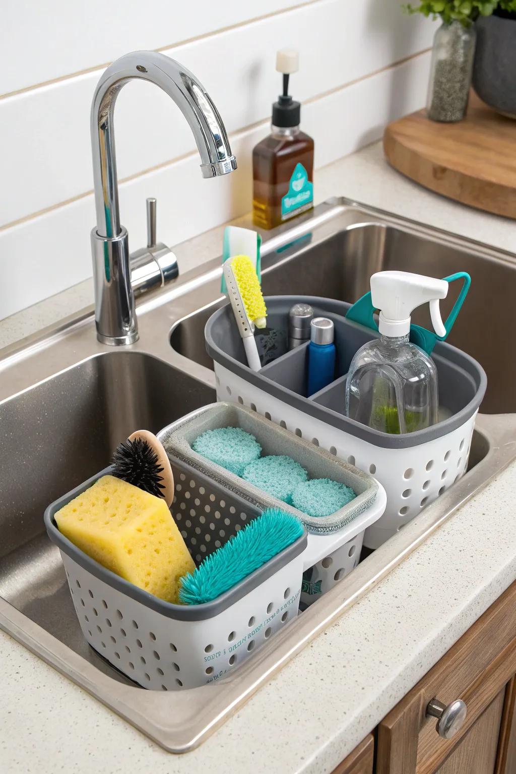 Expandable caddies offer versatility for different sink sizes.