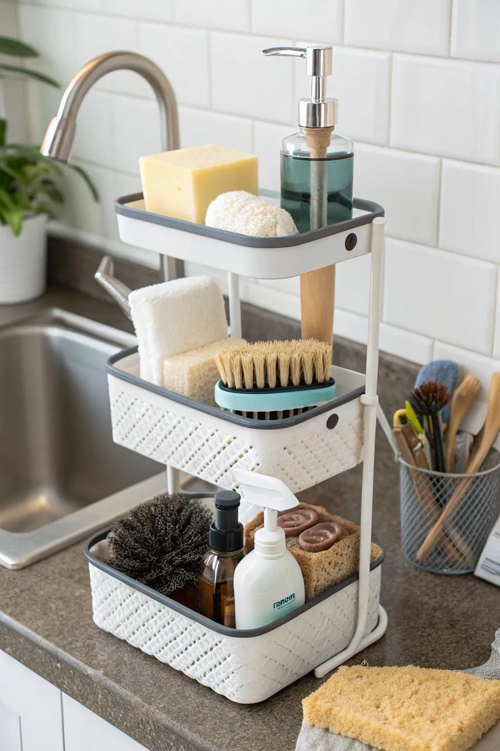 Tiered caddies provide ample storage in limited spaces.