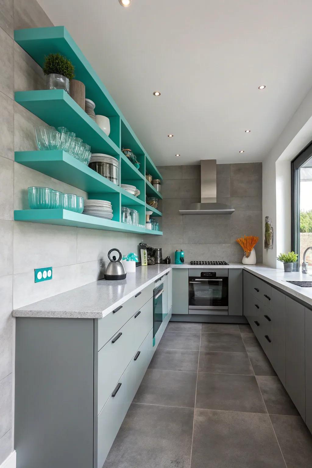 Floating shelves offer both style and storage in turquoise.