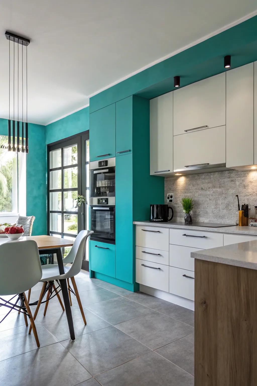 An accent wall in turquoise makes a bold and modern statement.