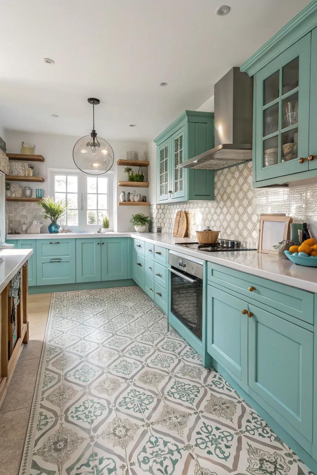Patterned flooring provides a subtle yet stylish foundation for the kitchen.