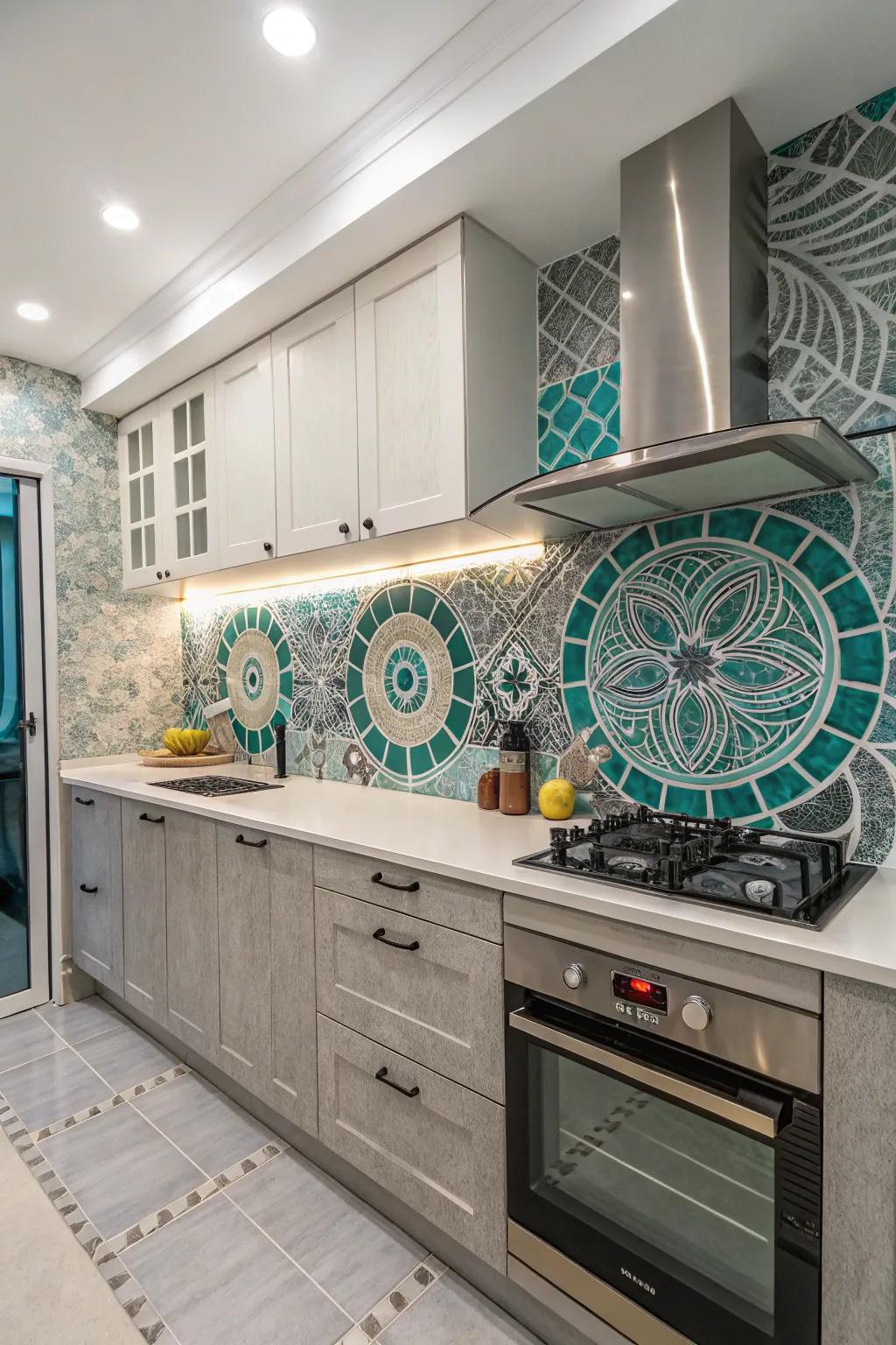 A mosaic backsplash adds texture and personality to the kitchen.