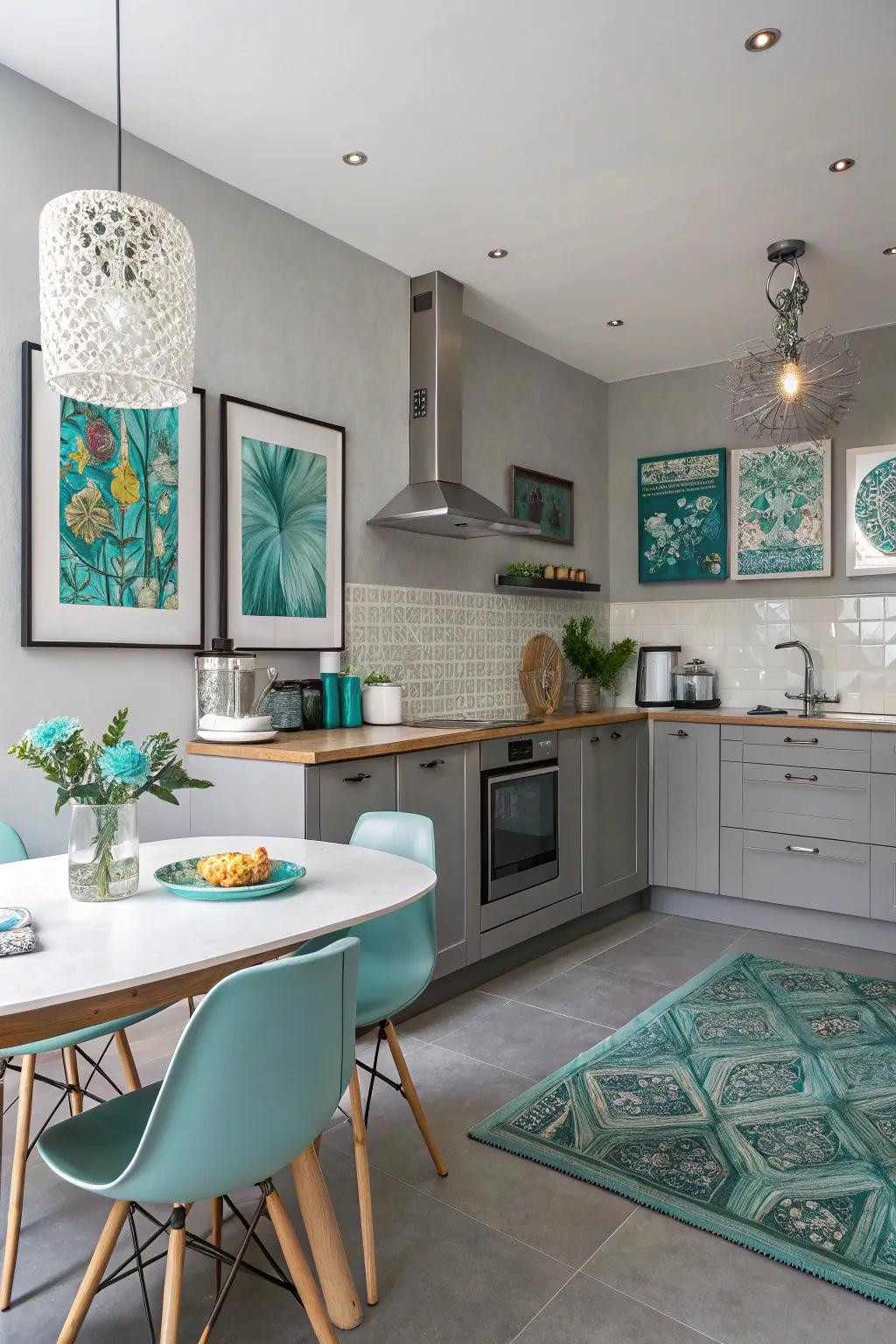 Turquoise artwork adds a splash of creativity to grey walls.