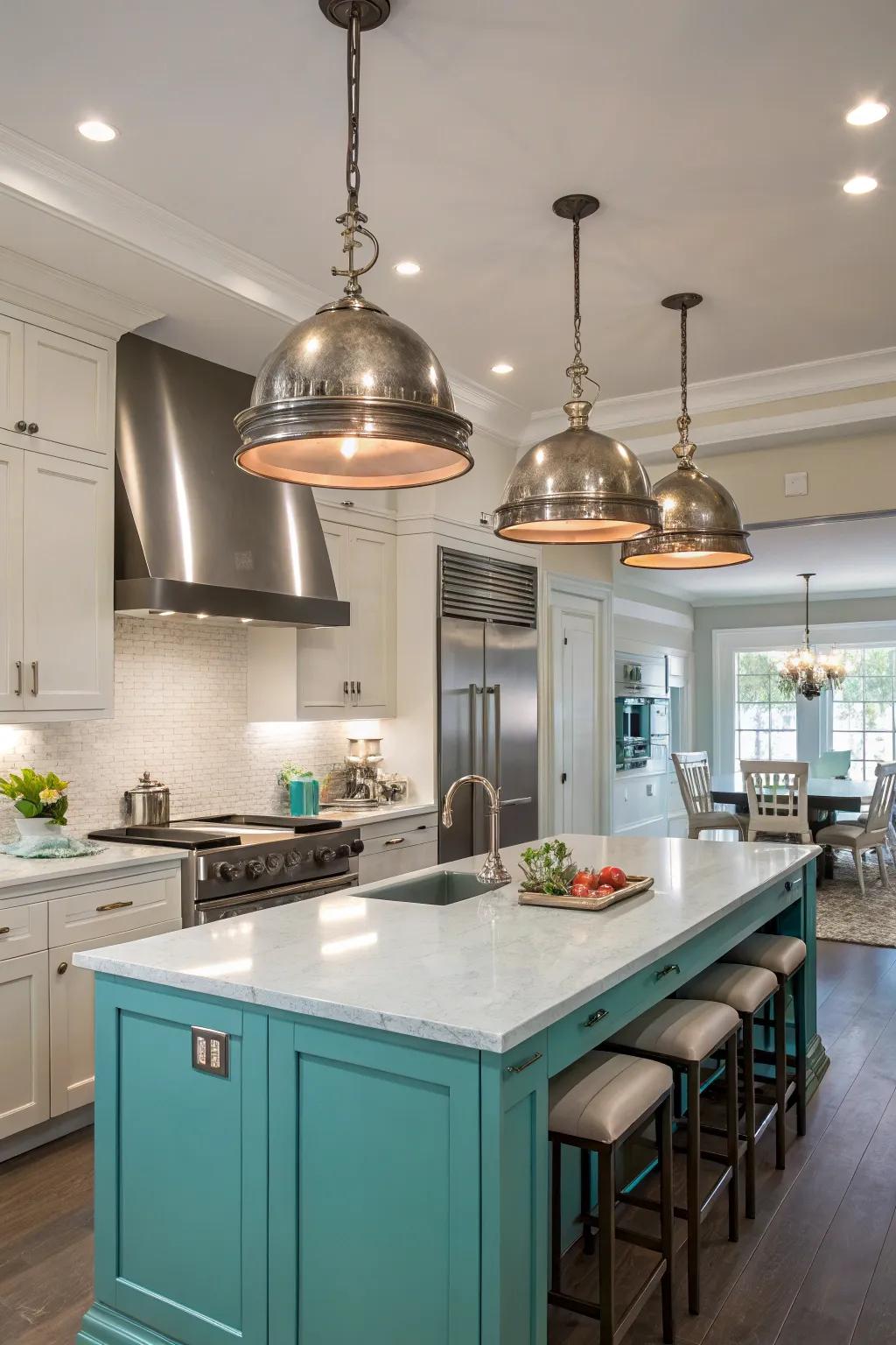 Metallic lighting fixtures add elegance and enhance the kitchen's glow.