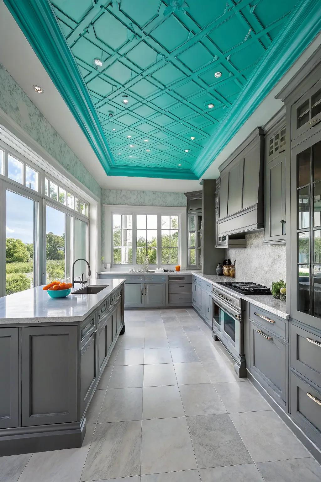 A turquoise ceiling adds a surprising and bold touch.