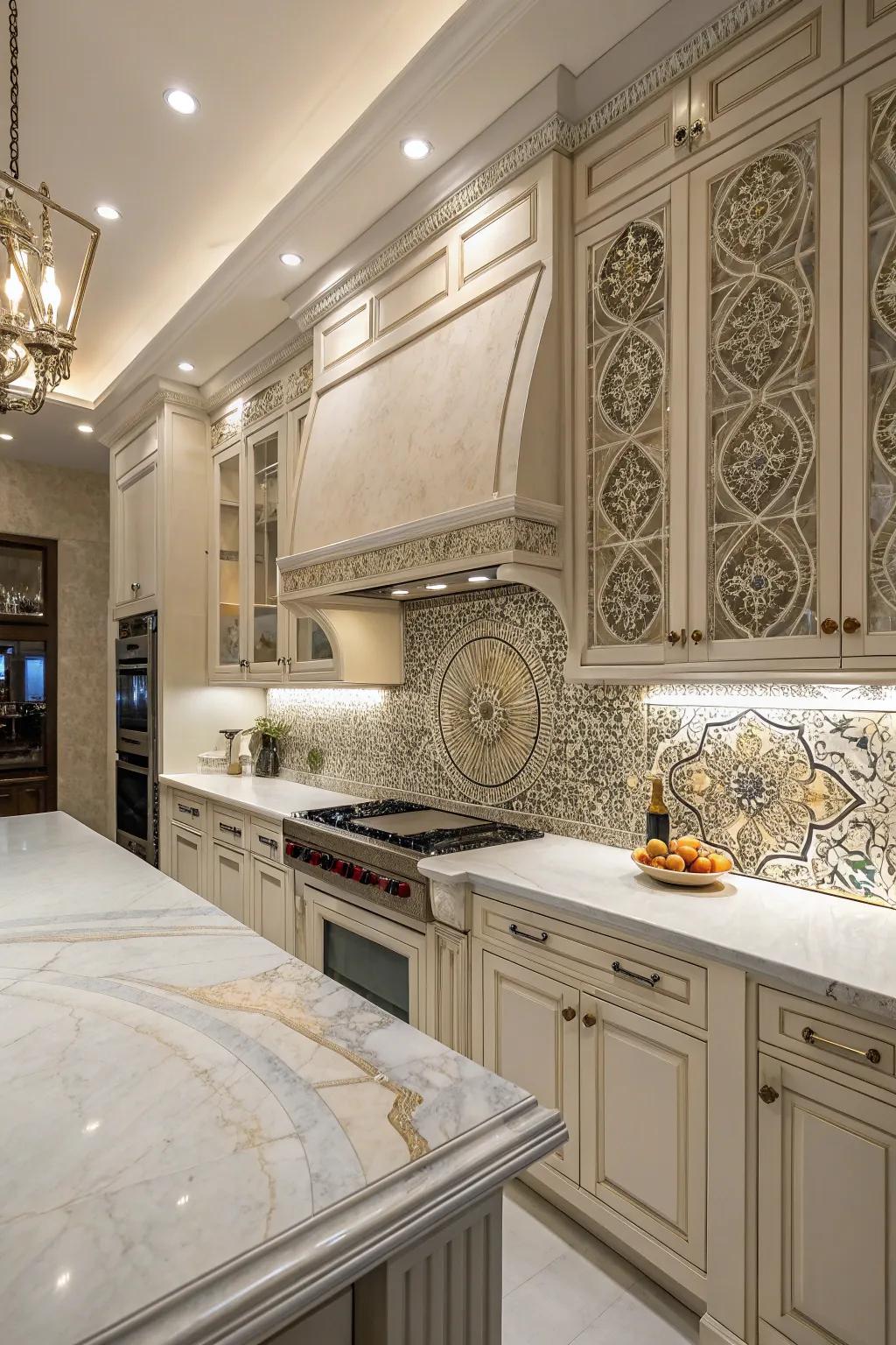 Sophisticated kitchen with marble and mosaic elegance.