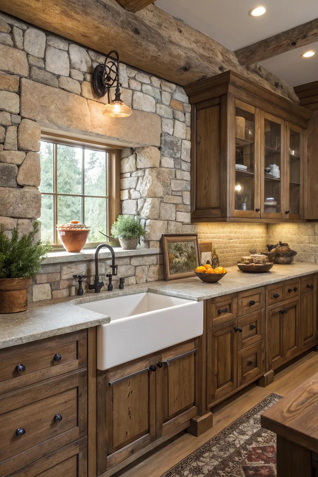Refined rustic with stone and quartz.