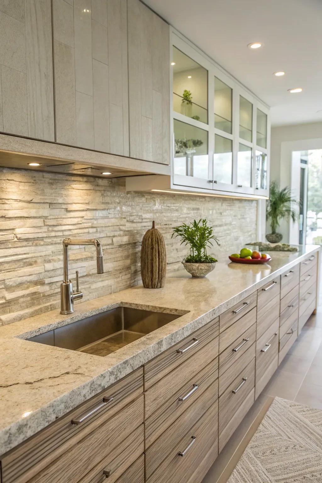 Textural contrast with limestone and glass.