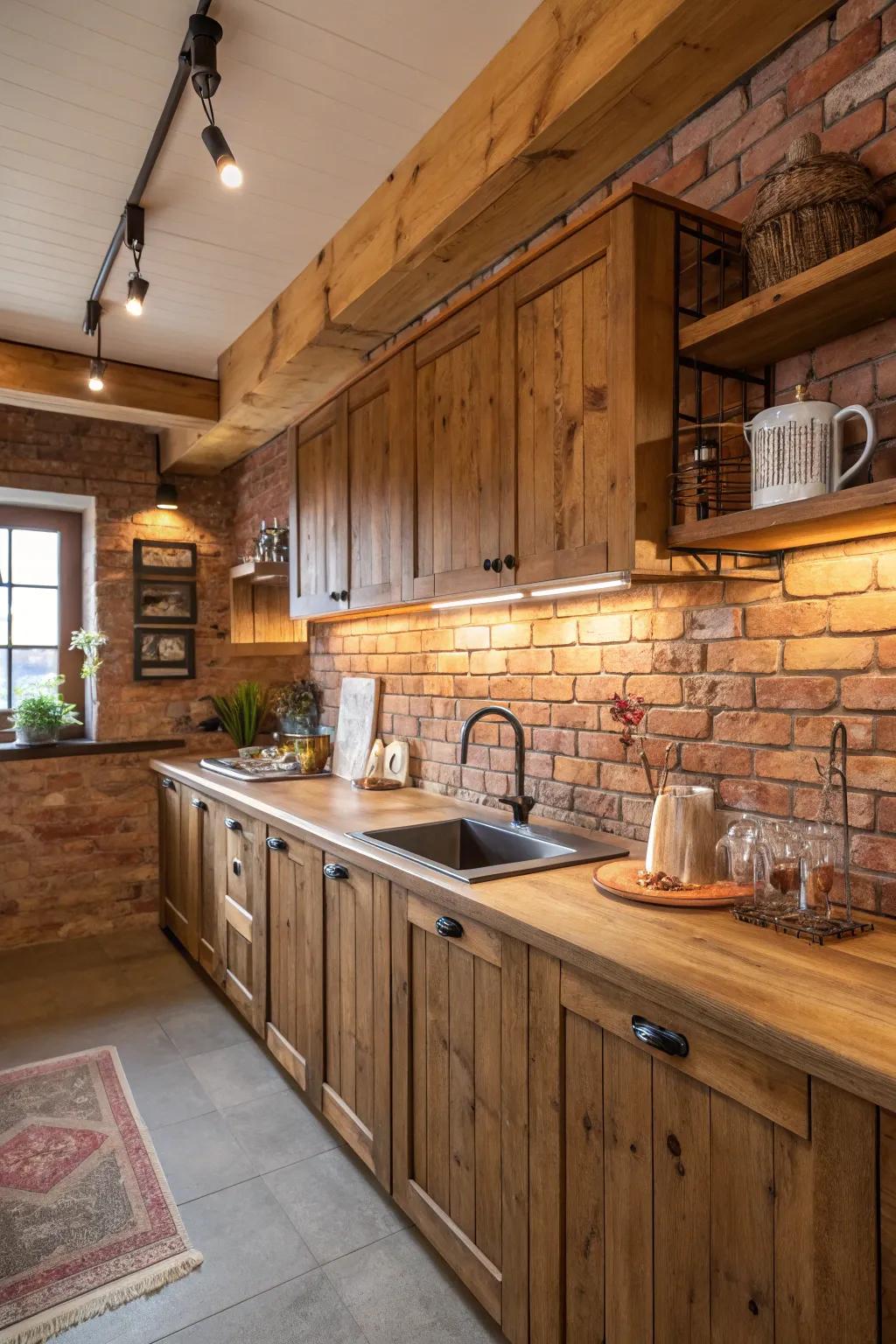 Cozy kitchen with wooden countertops and brick charm.