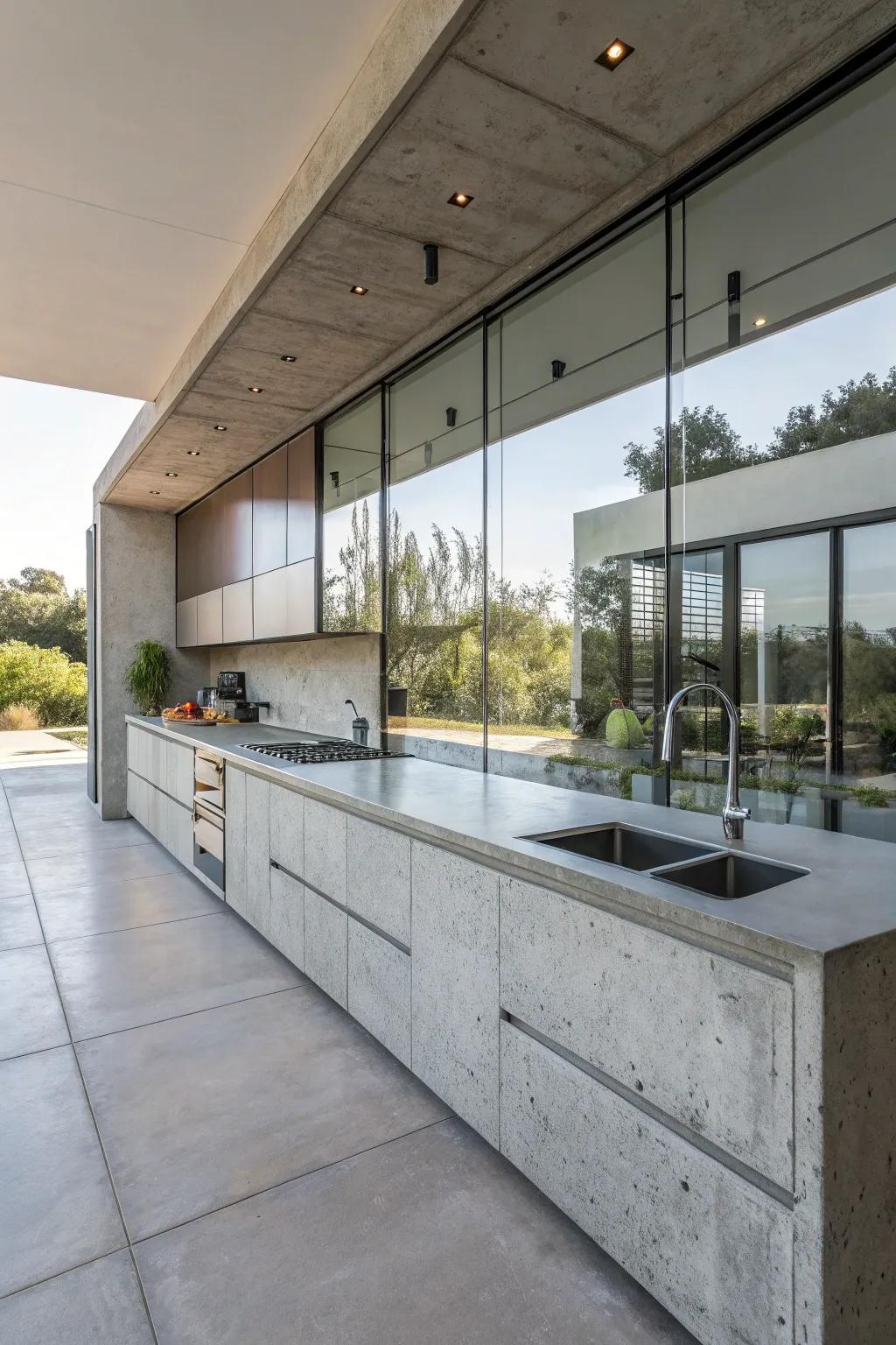 Modern meets industrial with concrete and glass.