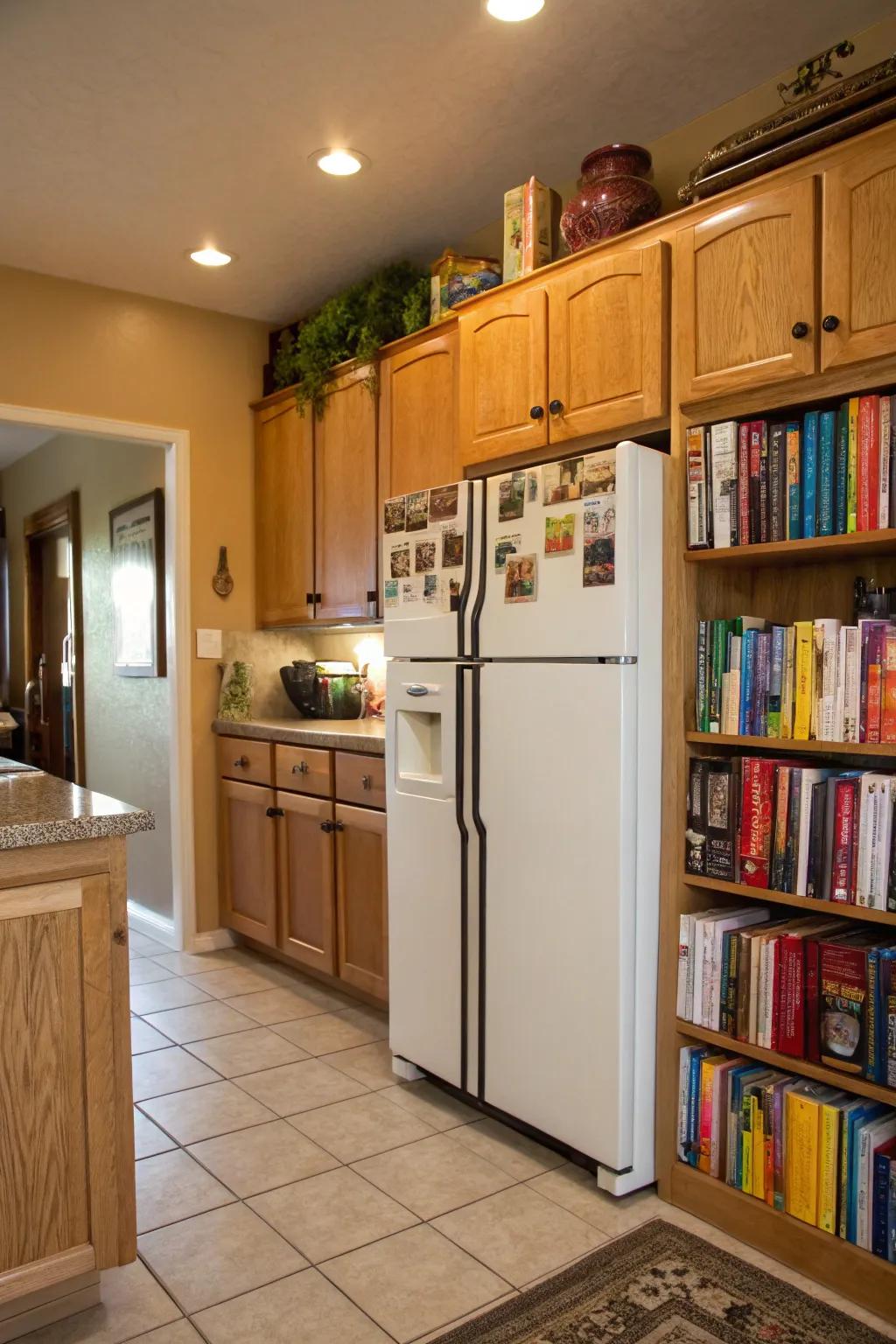 Store your cookbooks above the fridge for easy access.