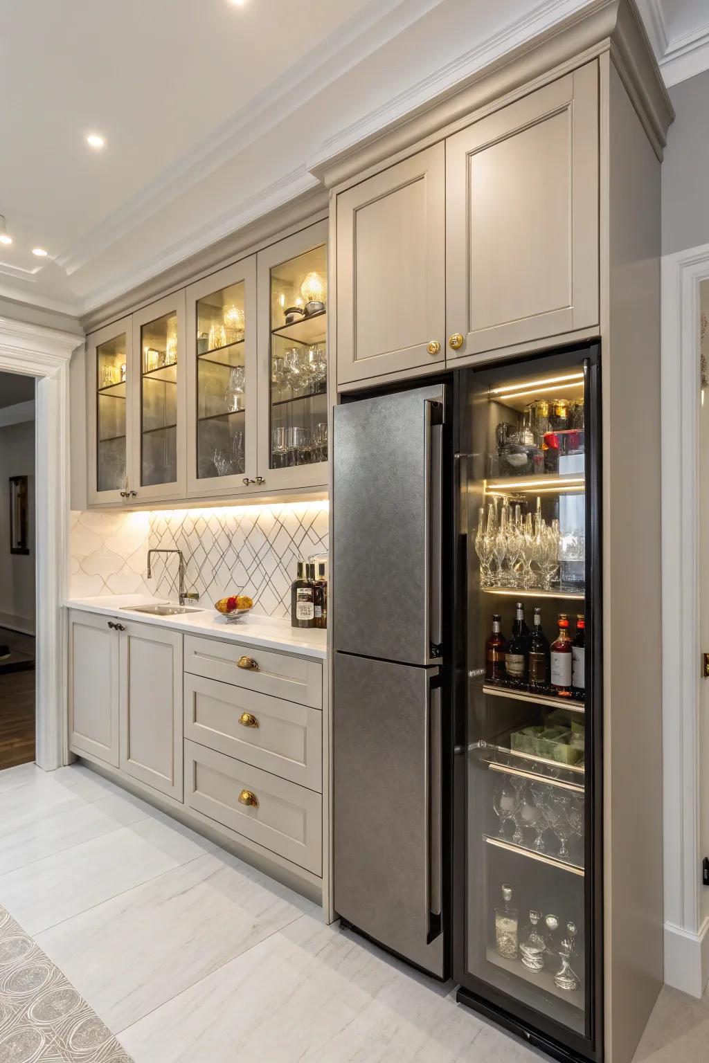 A hidden liquor cabinet adds sophistication above the fridge.
