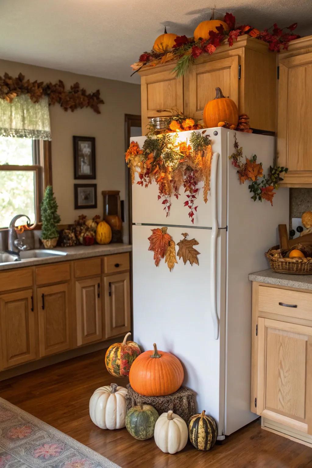 A seasonal display above the fridge keeps the kitchen festive.